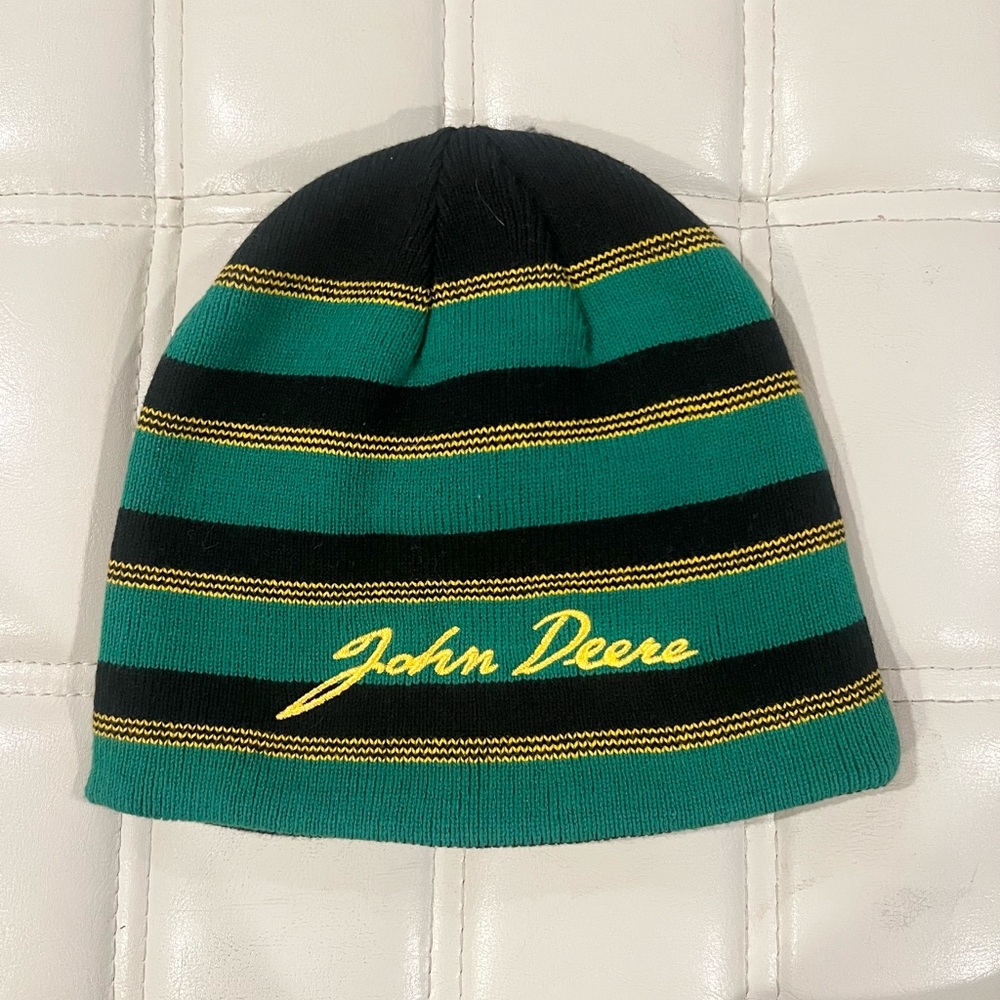 John Deere Reversible Knit Beanie Black Green Striped Gold Script Logo OS